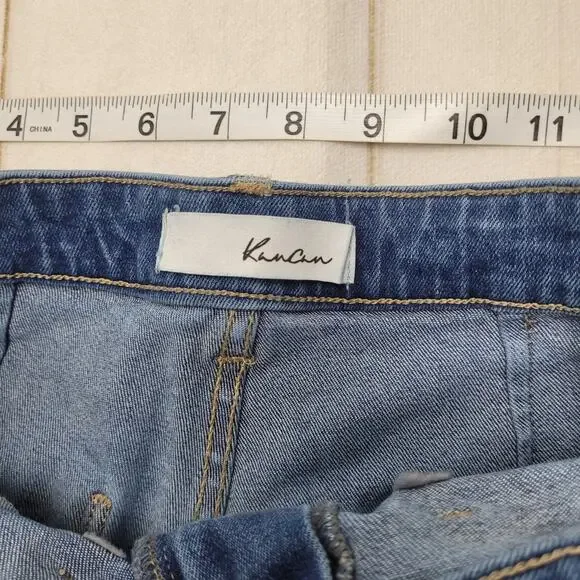 Kancan high rise flare jeans stretch raw hem boho 27 flap pockets short - Picture 7 of 8